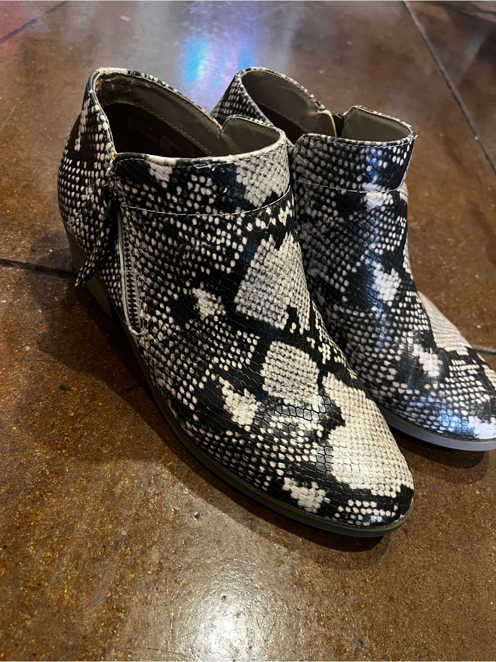 Time and Tru Black and White Snake-Print Ankle Booties